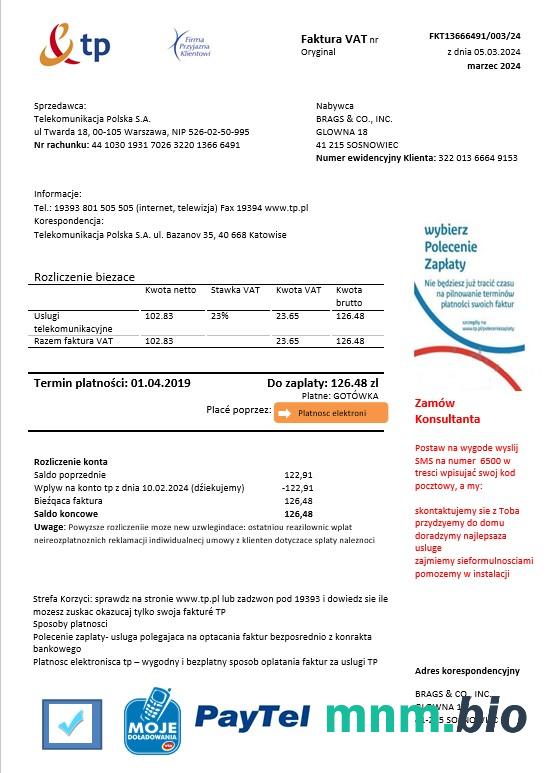Poland TP rachunek za usługi komunalne template in Word and PDF formats